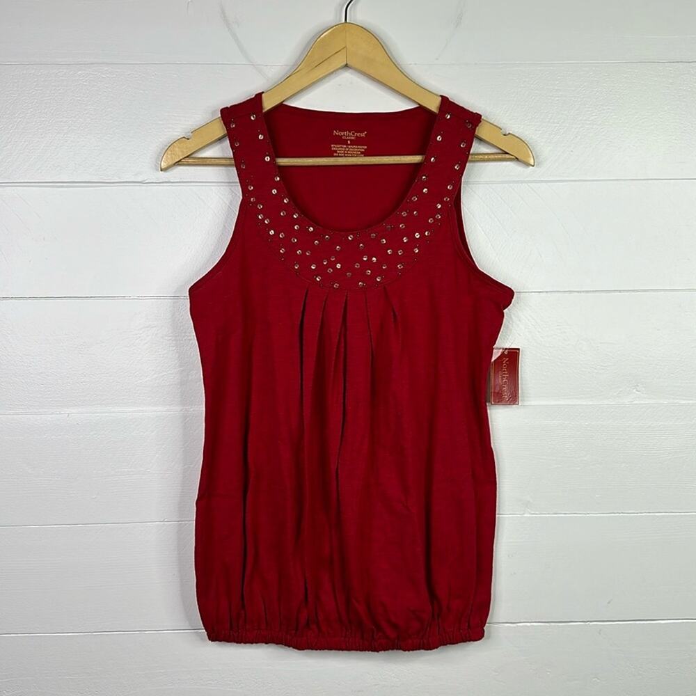 NORTHCREST Red Sequin Scoop Neck Sleeveless Blouse Tank Top Shirt‎ Size Small